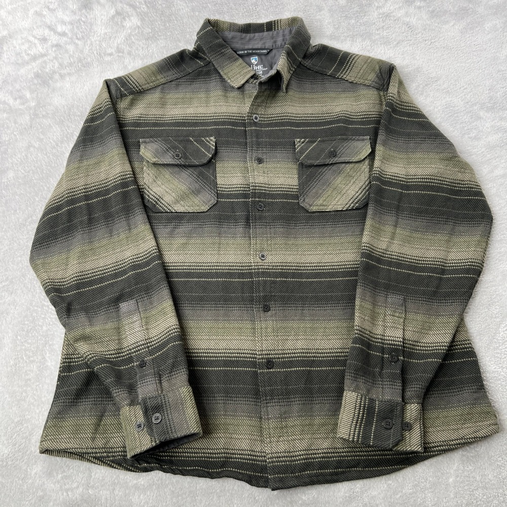 Kuhl Shirt XL Stripe Flannel Button Down Green Gray Outdoor Hiking Gorpcore Mens